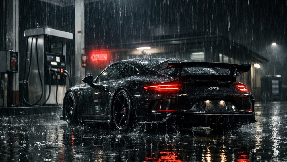 Midnight Refuel Porsche 911 GT3 in Rainy Neon Glow wallpaper