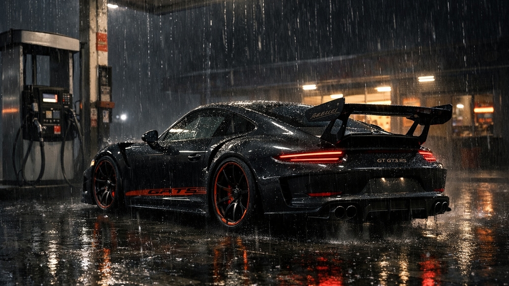 Midnight Rain Reflections with a Black Porsche 911 GT3 at the Pump wallpaper