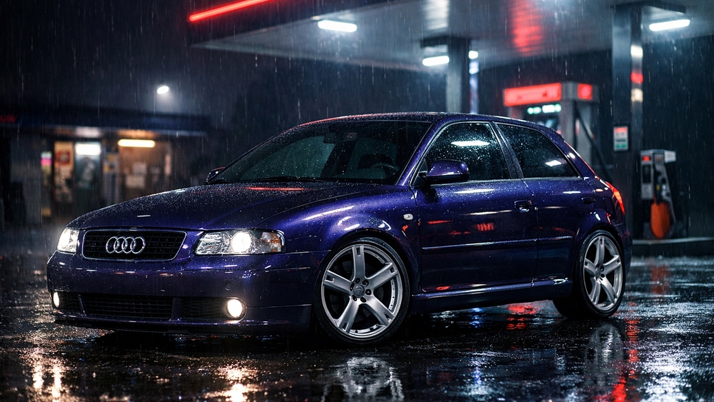 Rainy Night Reflections at a Neon Lit Gas Station wallpaper