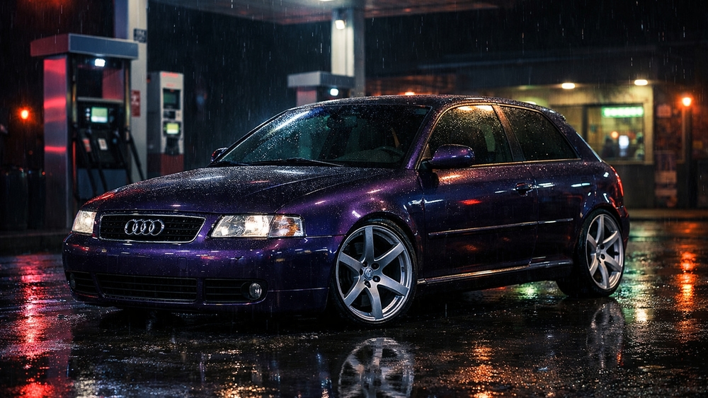 Rainy Night Gas Station Glow with a Sleek Audi Wagon wallpaper