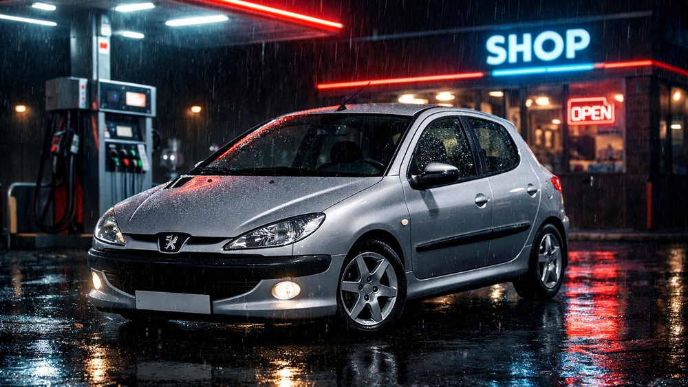 Rainy Night Reflections with a Peugeot 206 at the Gas Station wallpaper