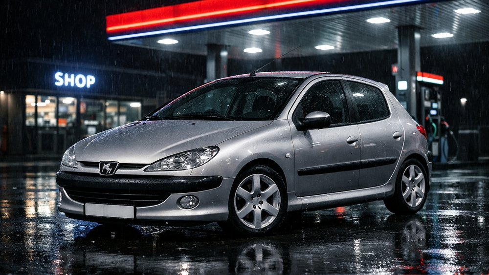 Rainy Night Fuel Stop With Silver Peugeot Hatchback Reflections wallpaper