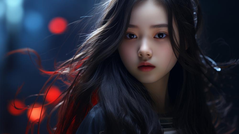 Midnight Breeze Portrait in Neon City Glow wallpaper
