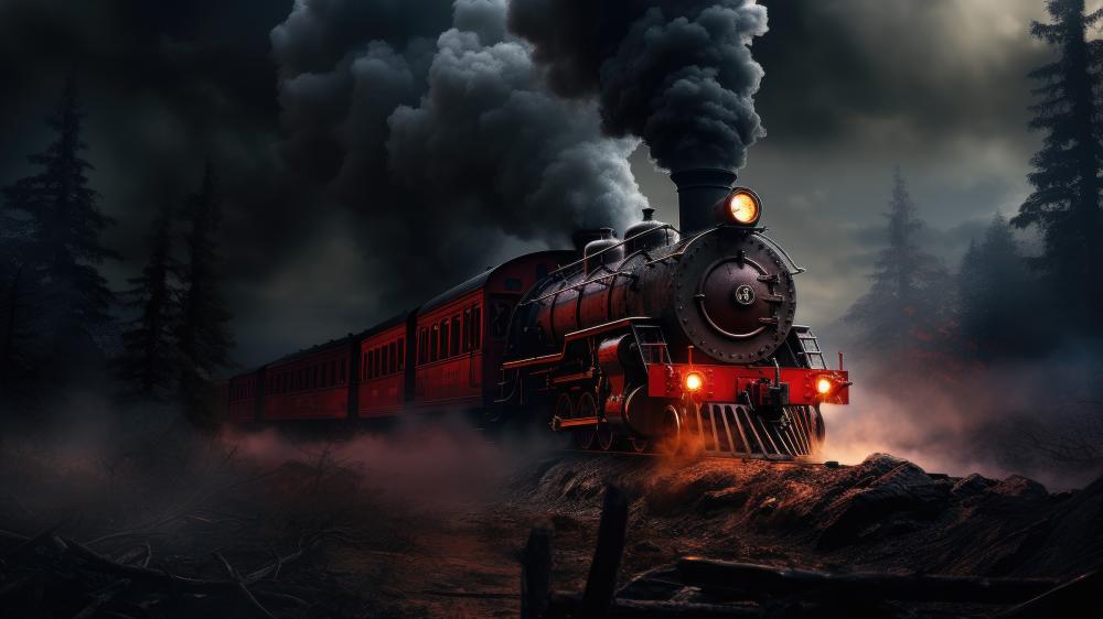 Midnight Steam Locomotive Charging Through Misty Forest Rails wallpaper