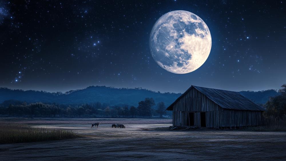Midnight Barn Beneath a Giant Full Moon and Starry Sky wallpaper