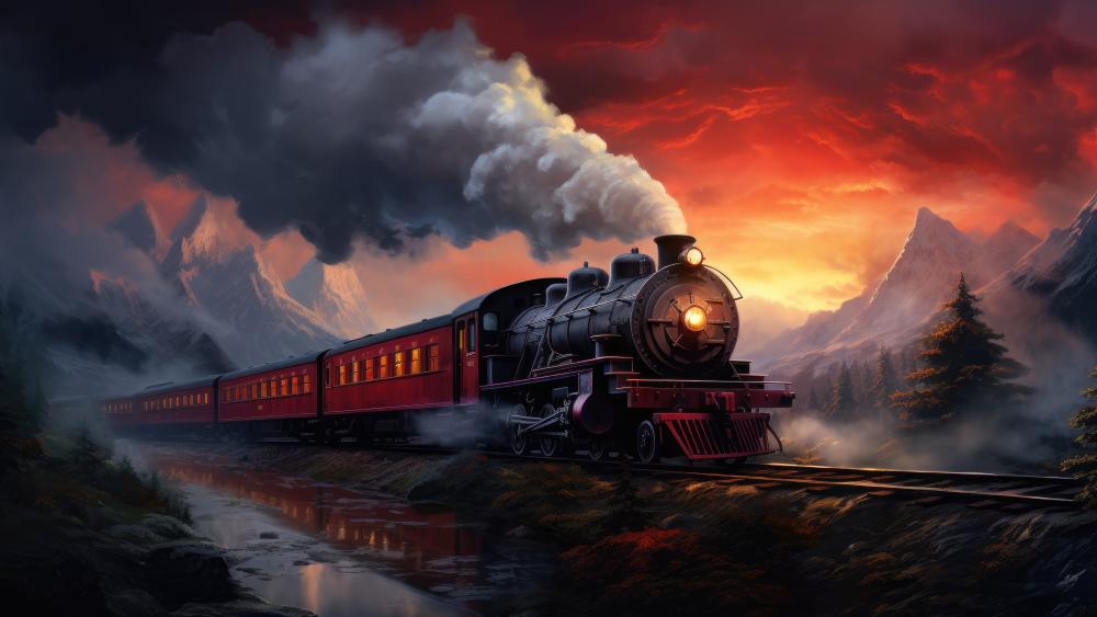 Crimson Dusk Steam Locomotive Racing Through Mountain Pass wallpaper
