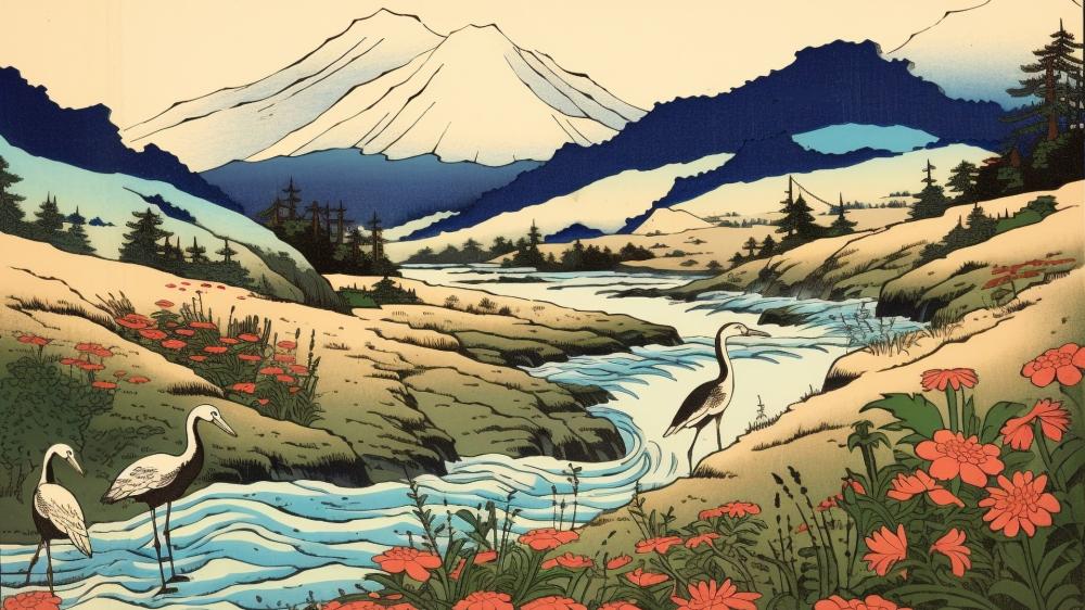 Whispering River Under Snowcapped Peaks in Japanese Fantasy Style wallpaper