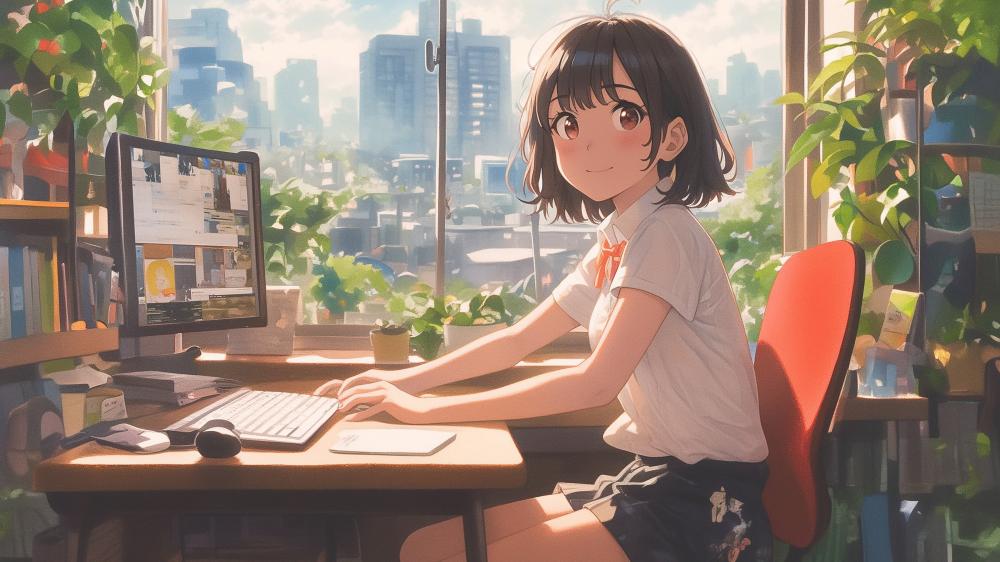 Sunlit City View Study Session in a Cozy Anime Room wallpaper