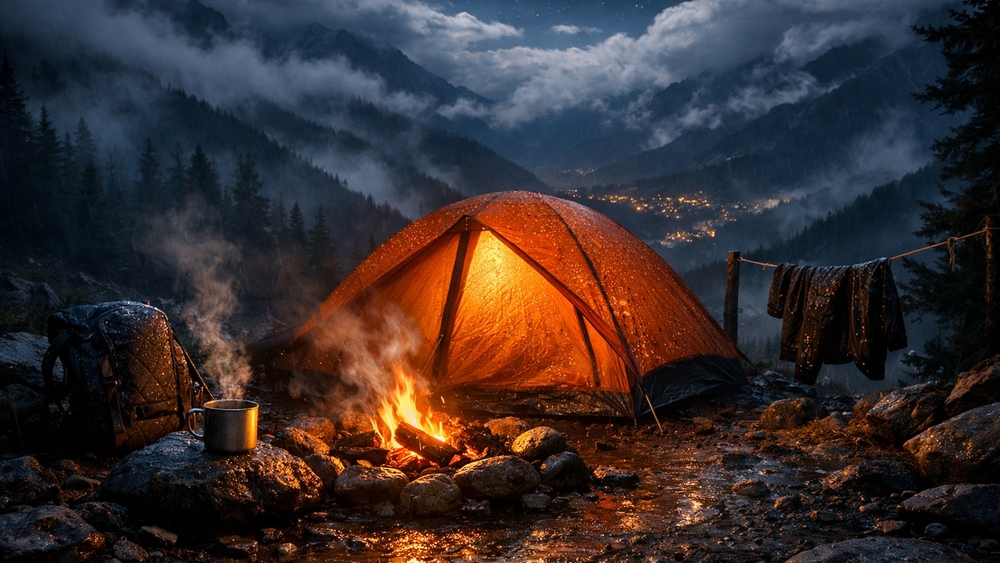 Emberlit Refuge in Rainy Mountain Night wallpaper