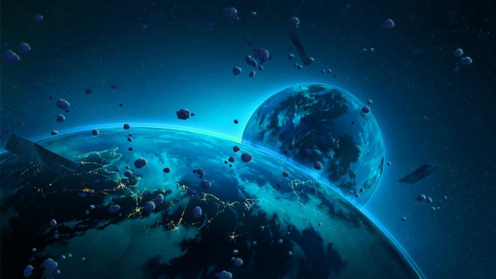 Twin Azure Worlds Drifting Through Starlit Debris Fields wallpaper