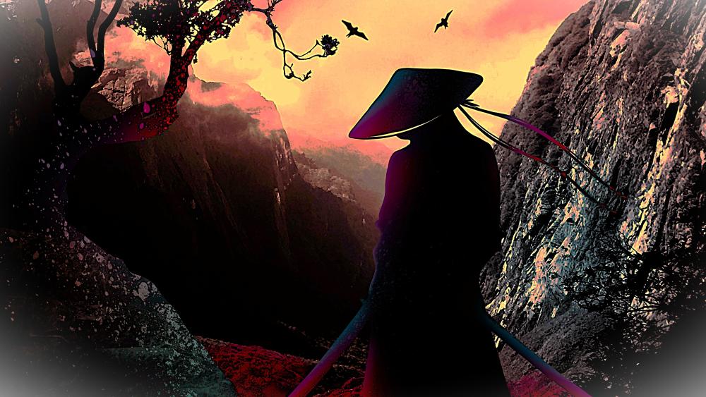 Samurai Silhouette Wandering Through Enchanted Mountains at Dusk in 4K wallpaper