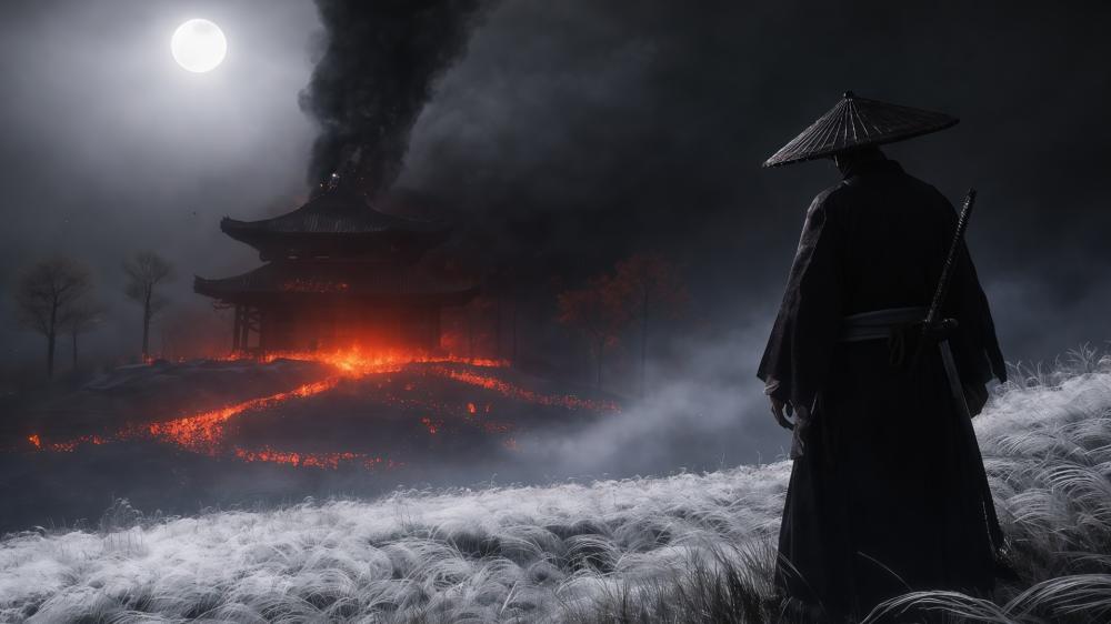 Moonlit Ronin Watching a Burning Temple in Misty Japan wallpaper