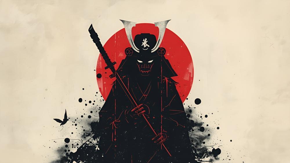 Crimson Sun Samurai Guardian in Minimal Ink Illustration wallpaper