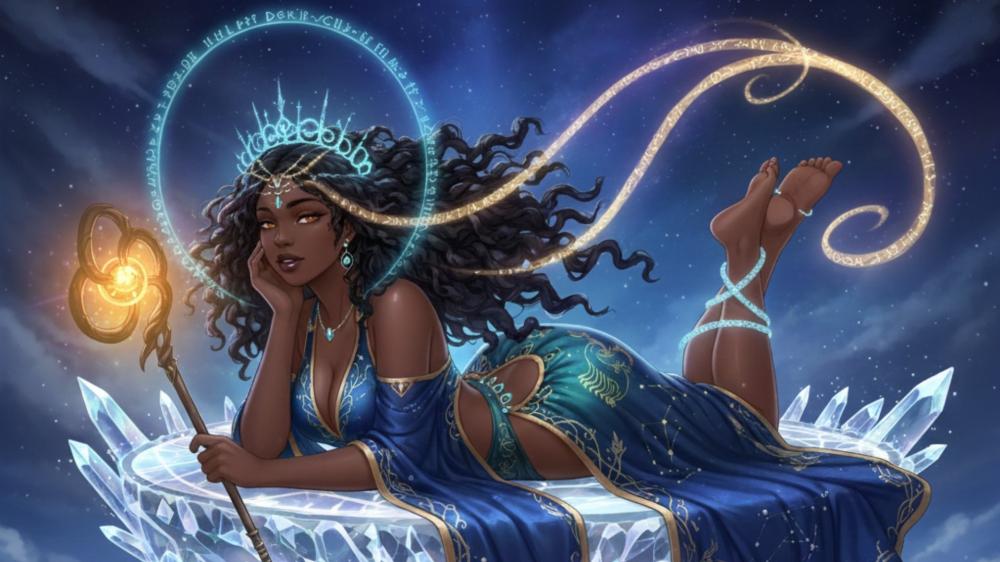 Celestial Sorceress Resting on Crystal Ice Under a Starlit Sky wallpaper