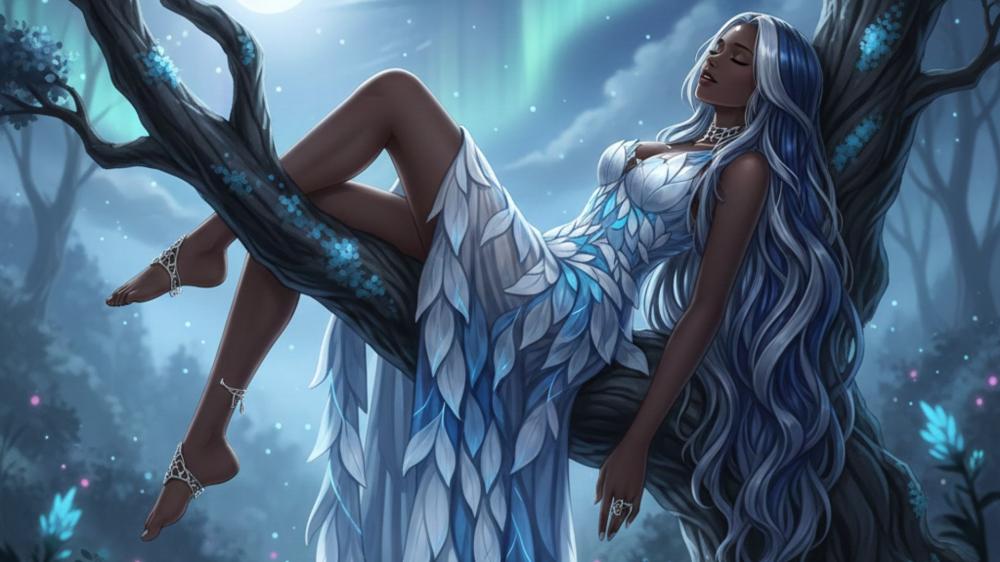 Moonlit Enchanted Forest Dreamer with Flowing Silver Blue Hair wallpaper