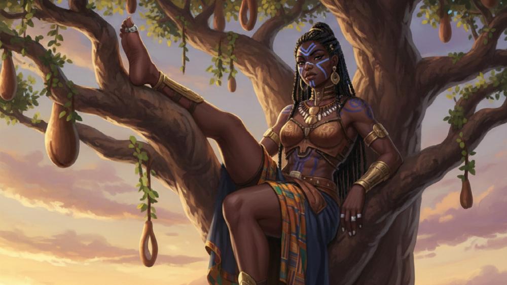 Sunlit Tribal Warrior Girl Resting in Sacred Tree Canopy wallpaper