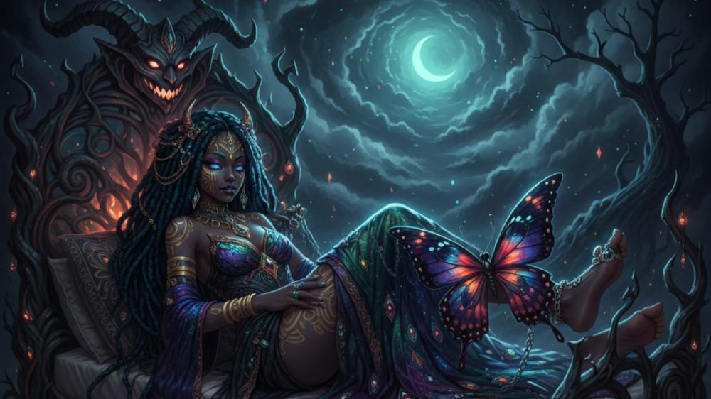 Moonlit Demoness and Butterfly Enchantment in a Haunted Forest wallpaper