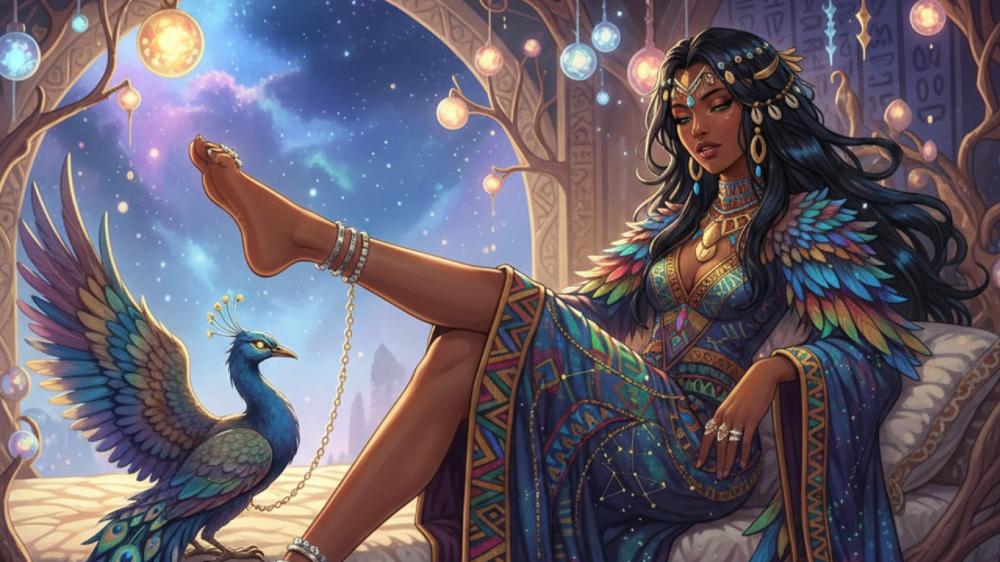 Celestial Tribal Princess with Peacock Companion in Dreamlike Palace wallpaper