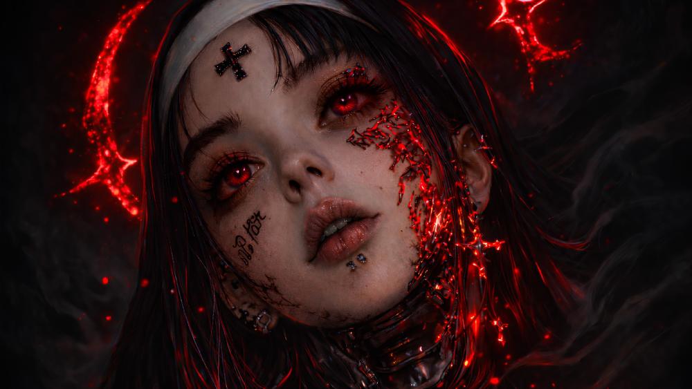 Crimson Neon Demon Girl in Gothic Cyberpunk Darkness wallpaper