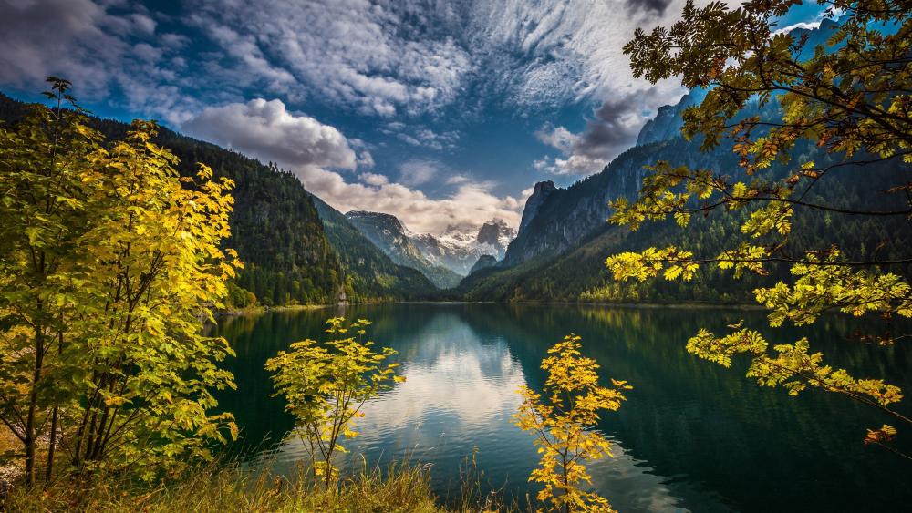 Autumn Reflections at Vorderer Gosausee in the Austrian Alps wallpaper