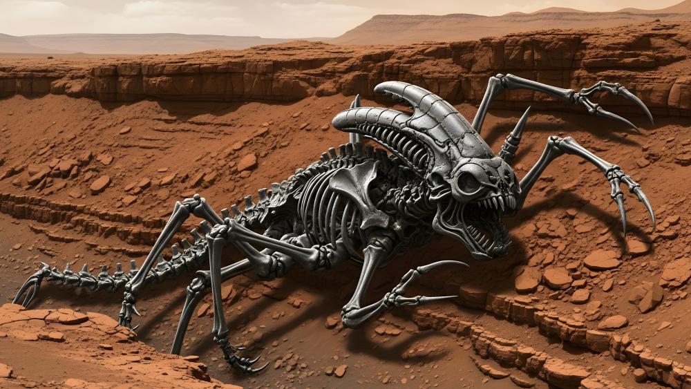 Wasteland Titan Alien Skeleton Crawling Through Red Desert Ravines wallpaper