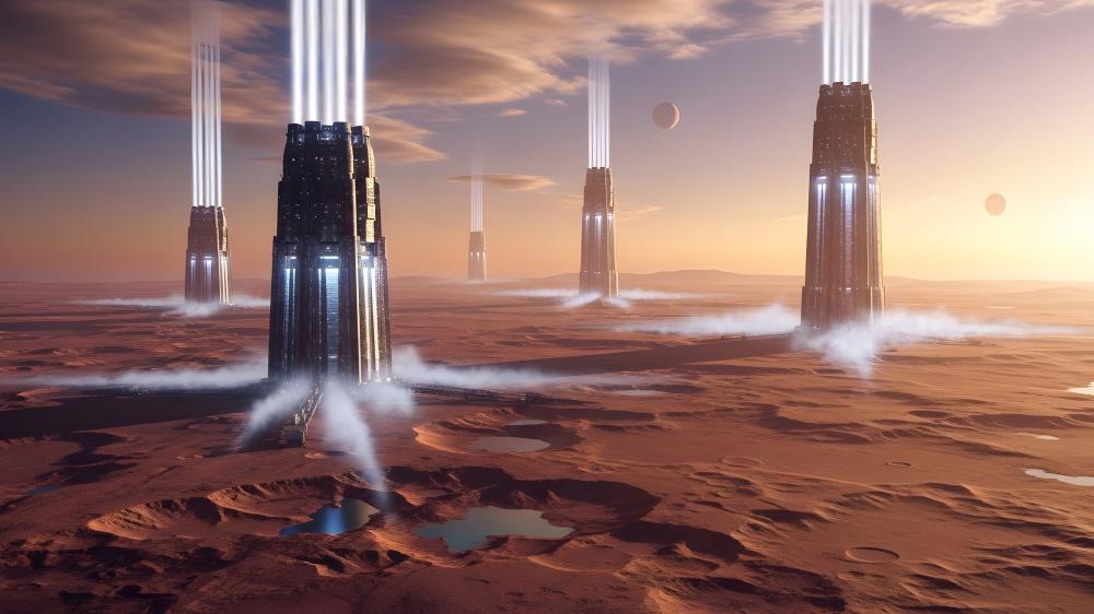 Skyward Beacons Over the Red Frontier in Cinematic 5K wallpaper