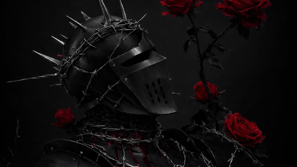 Thornbound Knight in Black Armour Amid Crimson Roses wallpaper