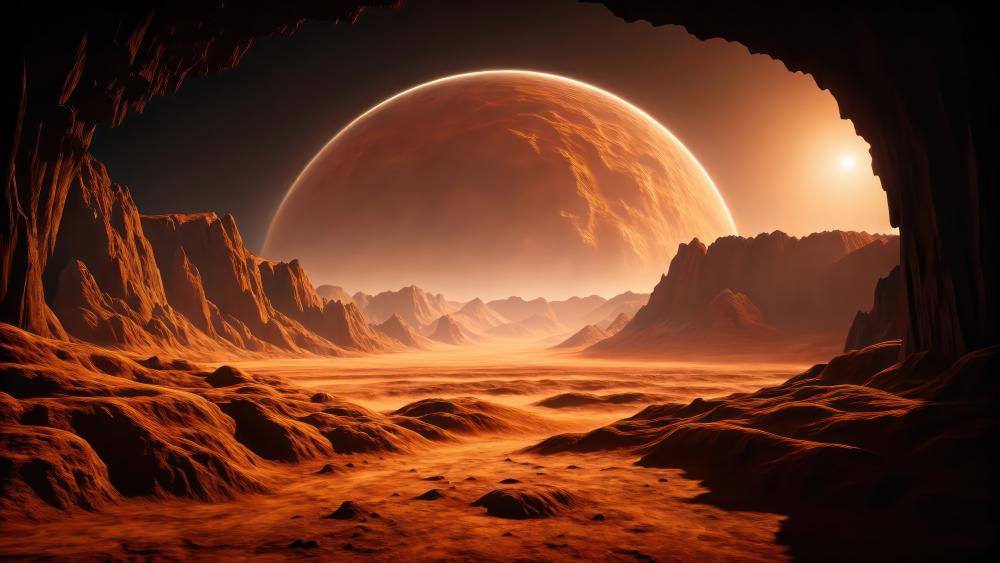 Crimson Dunes Beneath a Giant Alien Moon wallpaper