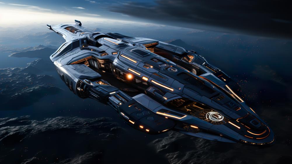 Neon Trimmed Starship Gliding Above Shadowed Alien Mountains wallpaper