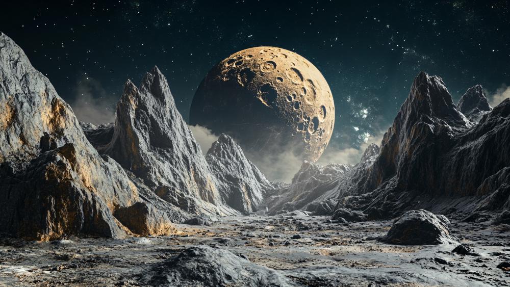 Moonlit Crater World Over Jagged Alien Mountains wallpaper