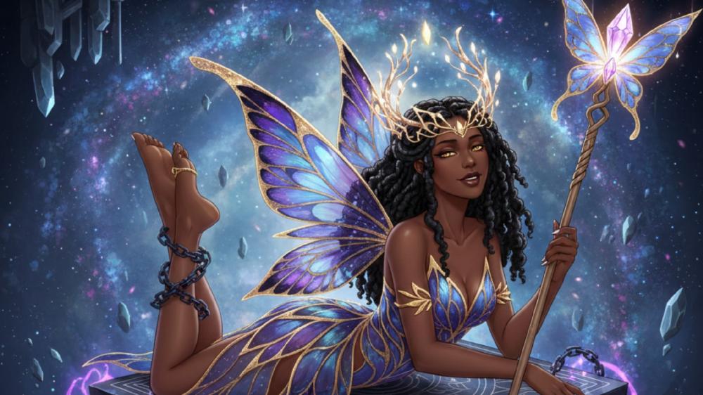 Starlit Butterfly Fairy with Crystal Wand in a Celestial Dreamscape wallpaper