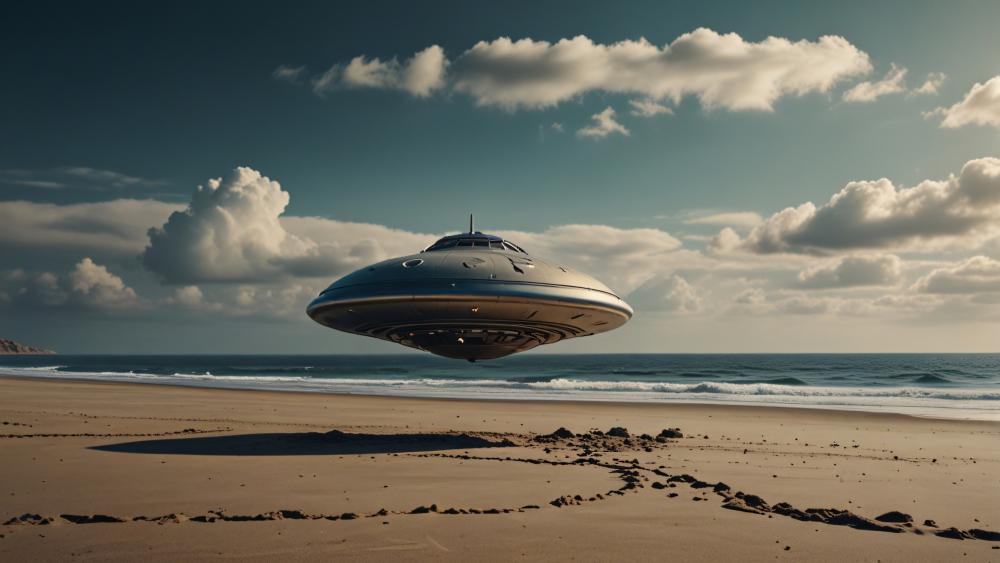 Silent Saucer Hovering Over a Sunlit Shore wallpaper