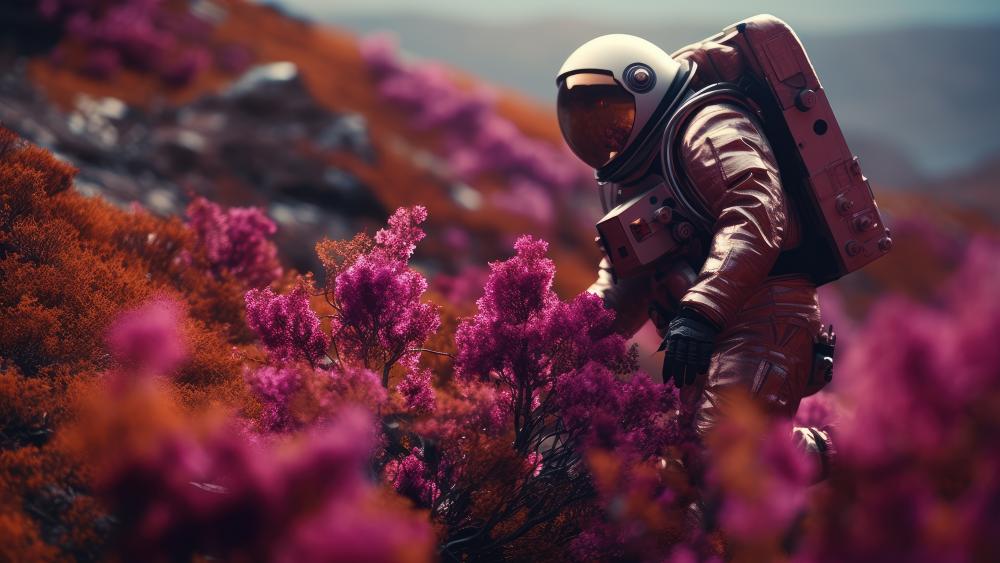 Astronaut Among Violet Alien Blossoms in a Dreamlike Valley wallpaper