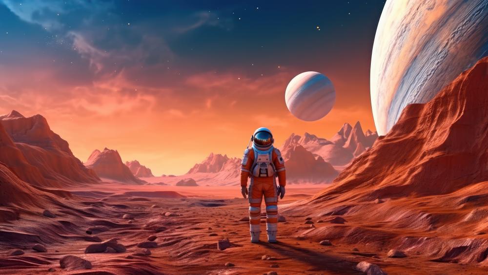 Lone Astronaut on Crimson Alien Desert Beneath Twin Worlds wallpaper