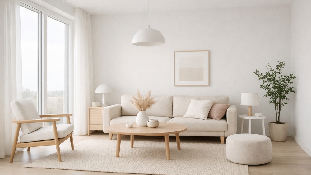 Soft Pastel Minimal Living Room with Cozy Scandinavian Comfort wallpaper
