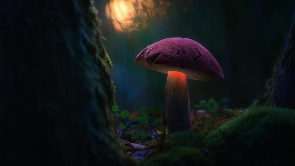 Moonlit Glowing Mushroom in an Enchanted Forest Hollow wallpaper