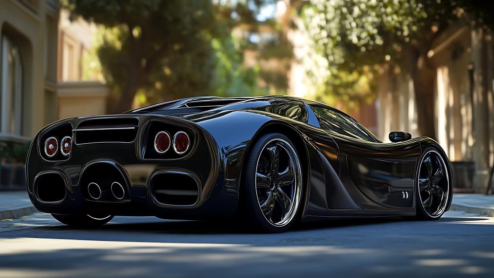 Midnight Black Supercar Cruising Through Sunlit City Streets in 4K wallpaper
