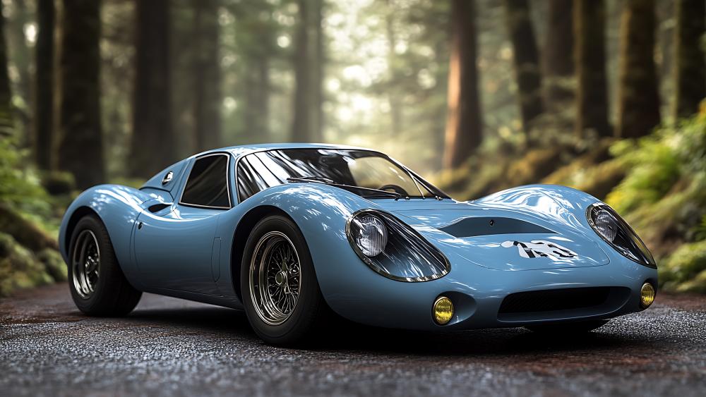 Azure Alfa Romeo Supercar Poised in Misty Forest Light wallpaper