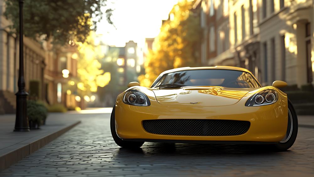 Golden Hour Yellow Supercar on a Quiet Cobblestone Street wallpaper