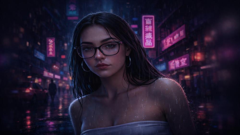 Neon Rain Reverie Girl in a Cyberpunk City Night wallpaper
