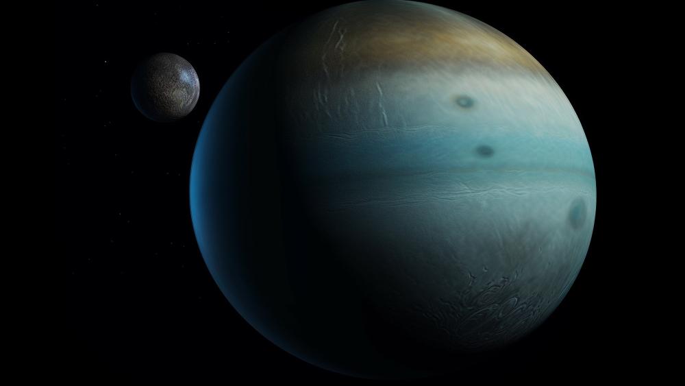 Serene Blue Giant Planet and Moon in Deep Space wallpaper