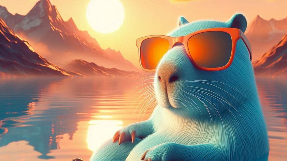 Cool Capybara Sunset Chill with Sunglasses by the Lakeside wallpaper