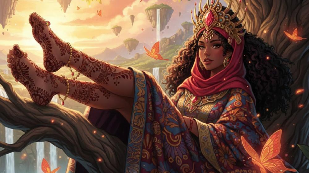 Henna Crowned Dreamer Among Floating Isles and Ember Butterflies wallpaper