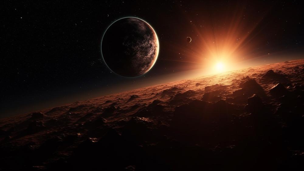 Sunrise Beyond a Crimson Alien Horizon in Deep Space wallpaper