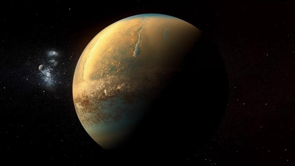 Sunlit Desert Planet Over the Silent Starfield in 4K wallpaper
