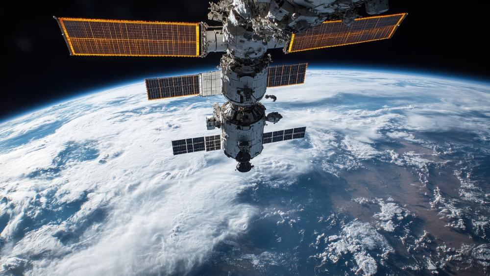 International Space Station Over Earths Blue Horizon wallpaper