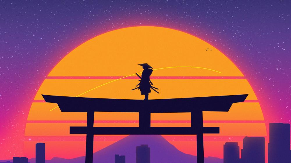 Synthwave Samurai Silhouette Above Torii Gate at Neon Sunset wallpaper