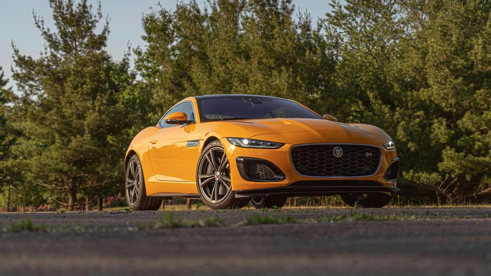 Golden Jaguar F-TYPE Sports Coupe in 4K Forest Light wallpaper