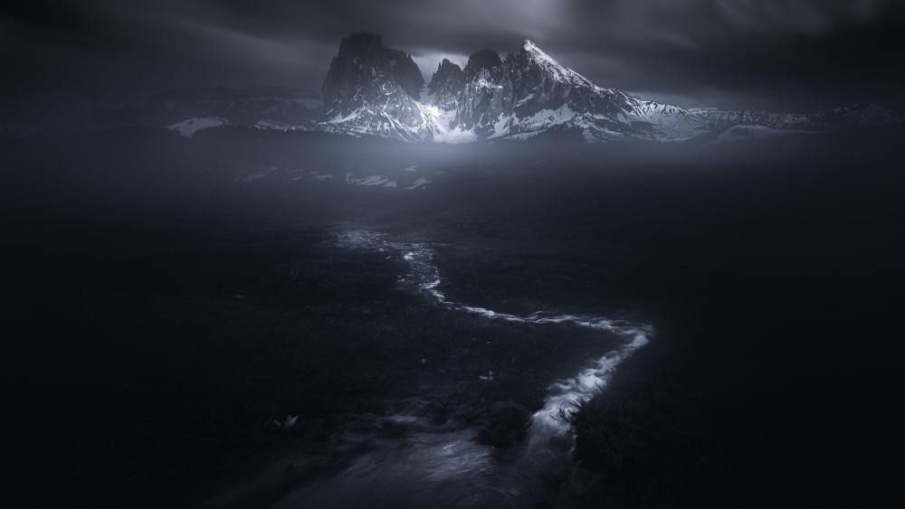 Midnight Glow Over the Dolomites Monochrome Peaks wallpaper