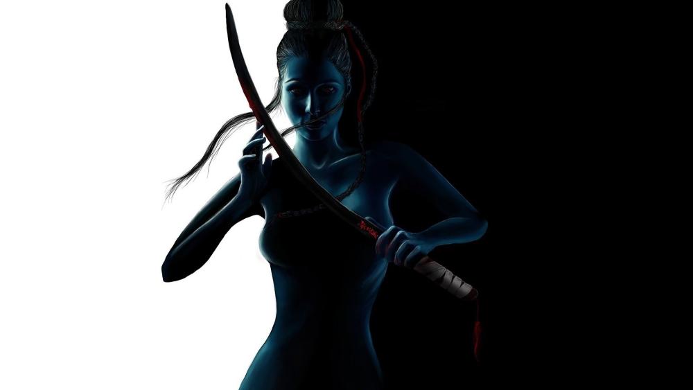 Shadowlit Samurai Girl Holding a Katana in Midnight Contrast wallpaper